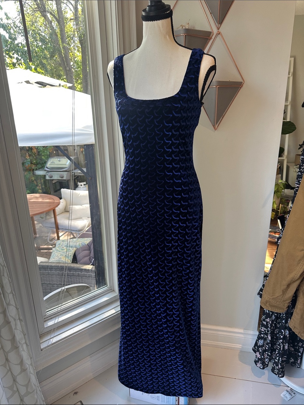 VINTAGE Y2K 90s Navy Blue Velvet Formal Wedding Maxi Sheath Column Dress Size 6